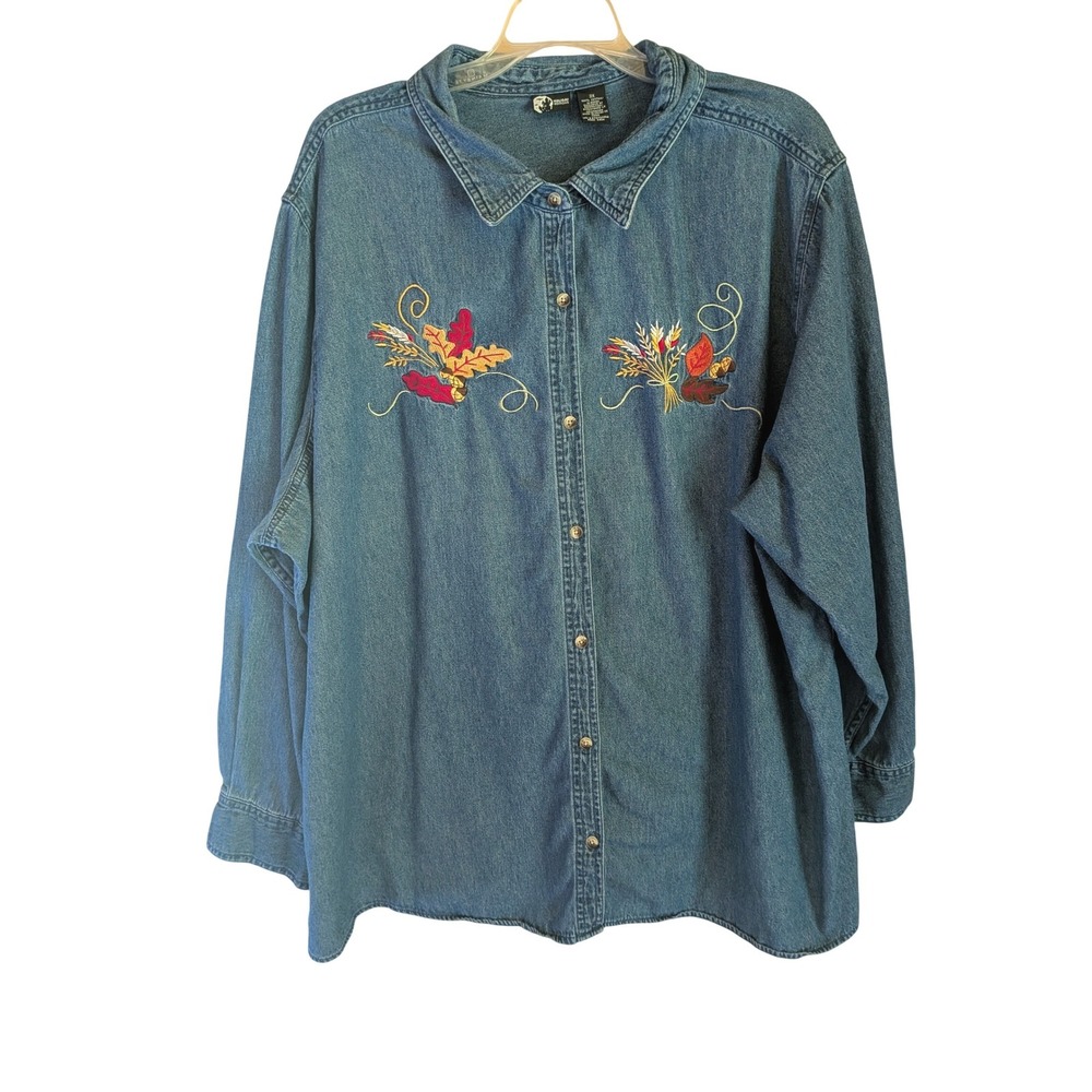 Denim Button Down Shirt 3X Cottagecore Thanksgiving Fall Harvest Embroidered